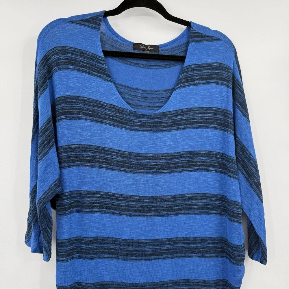 Laila Jayde Tunic Top Womens Medium Blue Black Striped Knit Dolman Boxy